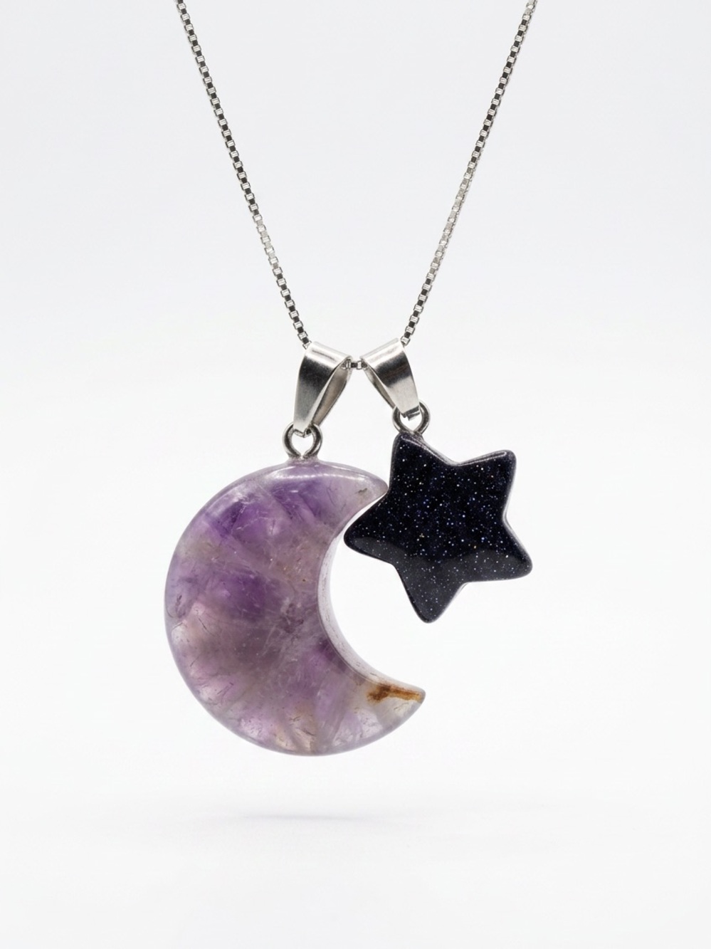 Boho hippie Amethyst Moon and Blue Goldstone Crystal Star Sterling Silv…